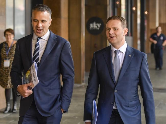 ADELAIDE, AUSTRALIA - NewsWire Photos - JUNE 06, 2024:  South Australia budget day. Premier Peter Malinauskas and Treasurer Stephen Mulligan leaving Parliament House walking to the Convention centre.Picture: NewsWire / Roy VanDerVegt