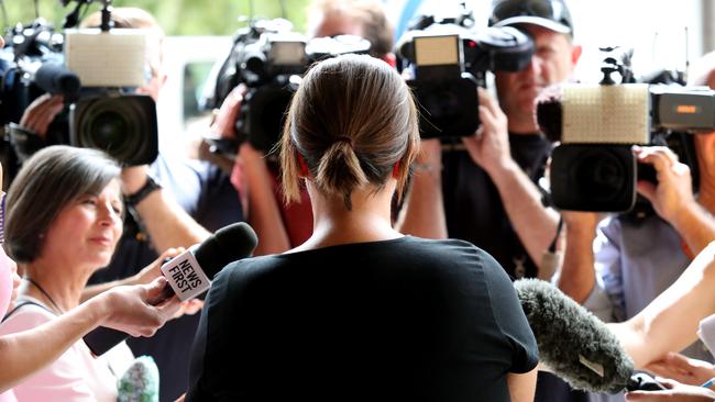 One of Snodgrass’ victims speaks to the media outside the Supreme Court after the ex-chiro was jailed. Picture: AAP / Kelly Barnes