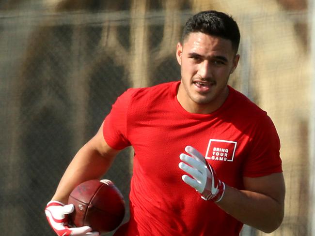 STRICTLY NO ONLINE BEFORE MIDNIGHT  WARNING $$$$$ DAILY TELEGRAPH AND COURIER MAIL ONLY............. Jason Taumalolo and Valentine Holmes at Loyola High School in Los Angeles at an NFL Combine where they were put through exercises in front of NFL team scouts. Pic Nathan Edwards