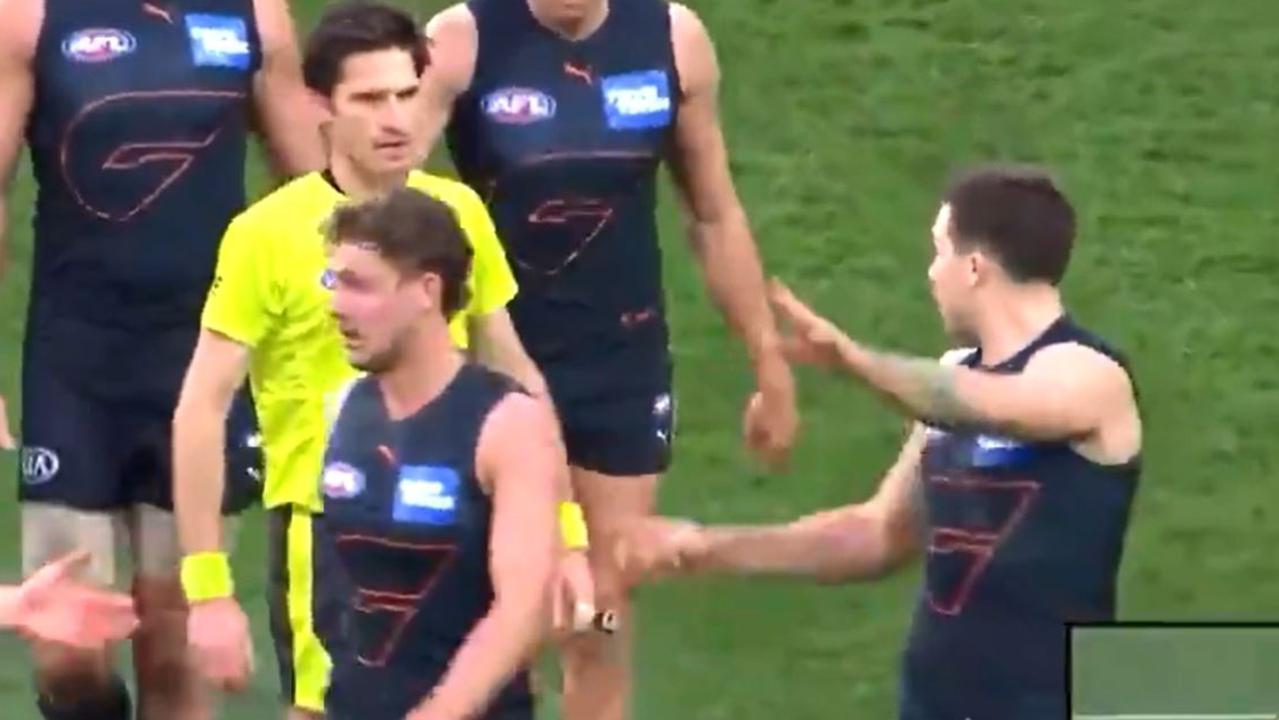 28/08/2021 Stills from vision showing Greater Western Sydney star Toby Greene walking towards umpire Matt Stevic, complaining as he bumped him on the way to the side’s three-quarter time huddle. Picture Fox Sports