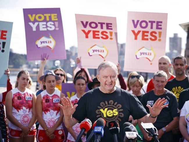 Anthony Albanese holds a press conference for The Voice referendum at the Sydney Opera House. Picture: Sam Ruttyn