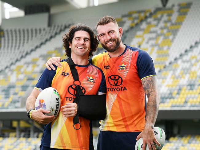 Jake Granville and Kyle Feldt will be commemorating their final home game with the North Queensland Cowboys with a lap of honour. Picture: Shae Beplate.