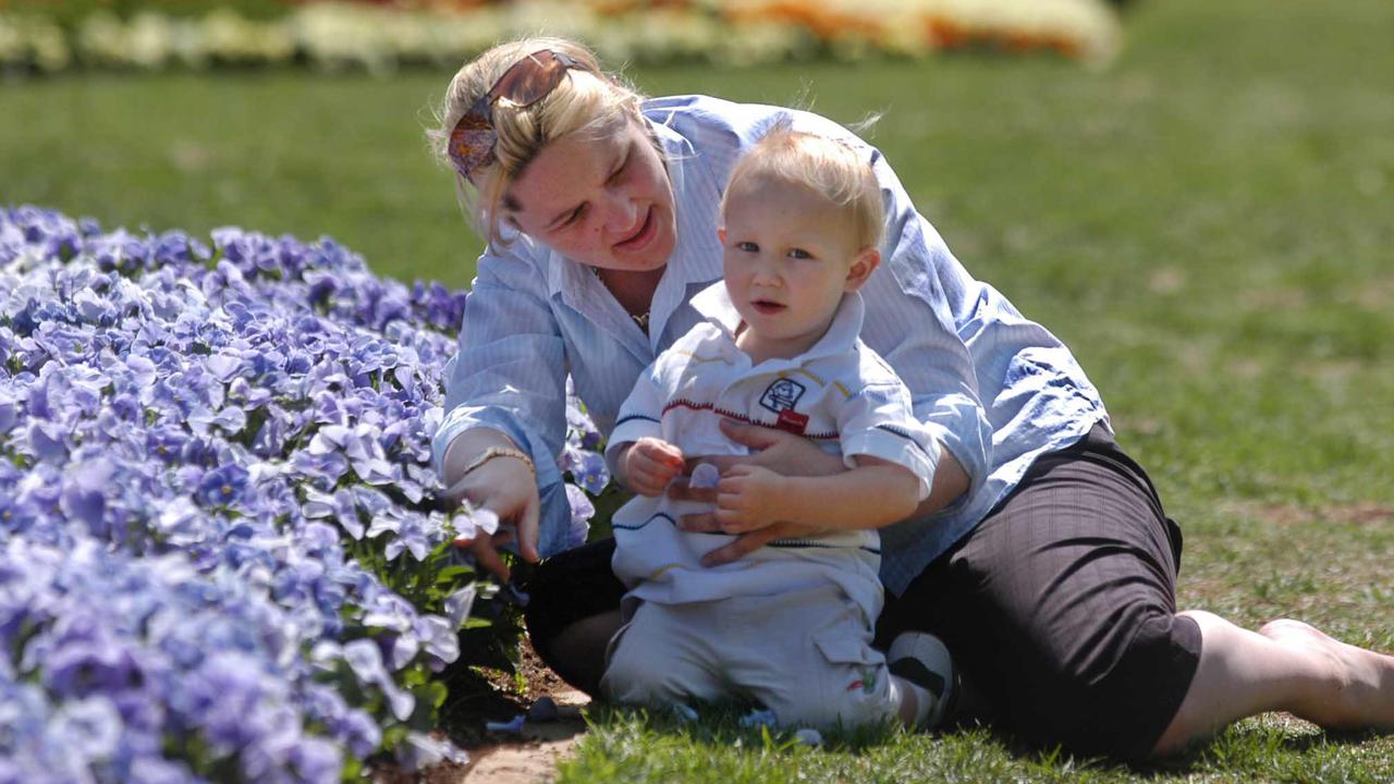 Tania Weier and son Lachlan taking in the colour at the Laurel Bank Park, Toowoomba, which is in full bloom with the Carnival of Flowers only days away.