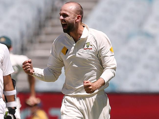 Lyon celebrates taking his third wicket. Picture: Wayne Ludbey