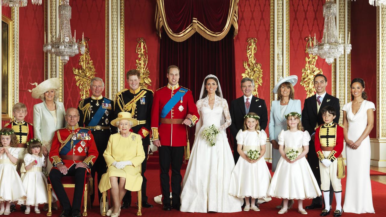 James (back row, second from right) at Kate’s 2011 wedding to William. Picture: Hugo Burnand/St James's Palace/WPA Pool/Getty Images.