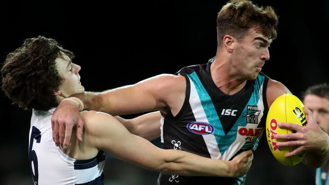 West Coast premiership ruckman Scott Lycett has taken command of the No. 1 ruck role at Port Adelaide after his best-on-ground performance against AFL league leader Geelong at Adelaide Oval on Saturday night. Picture: Kelly Barnes.