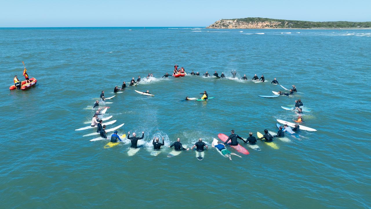 Ben Pike was farewelled at a paddle-out at RAAFs beach. Picture: supplied/Peter James Photography/Adam Stan Photography