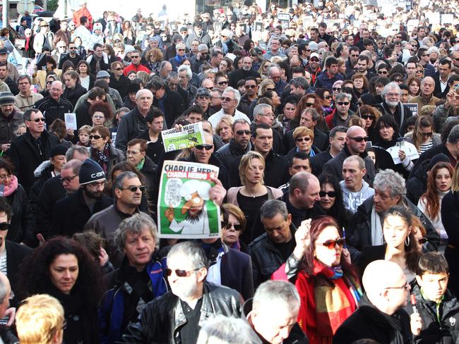 Elsewhere ... People take part in a rally in the southern French city of Perpignan. Picture: Raymond Roig/AFP