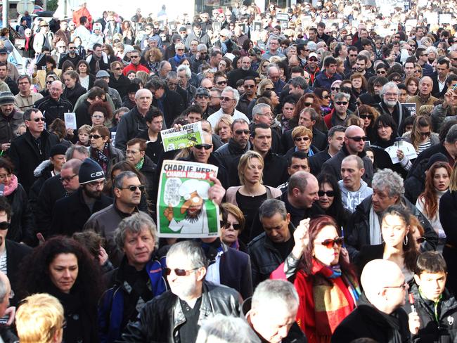 Elsewhere ... People take part in a rally in the southern French city of Perpignan. Picture: Raymond Roig/AFP