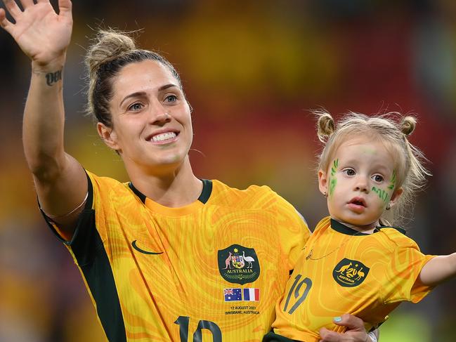 BRISBANE, AUSTRALIA - AUGUST 12: Katrina Gorry of Australia celebrates her teamÃ¢â¬â¢s victory through the penalty shootout following the FIFA Women's World Cup Australia & New Zealand 2023 Quarter Final match between Australia and France at Brisbane Stadium on August 12, 2023 in Brisbane, Australia. (Photo by Justin Setterfield/Getty Images)