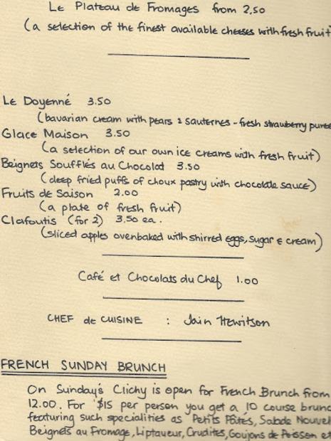 Flip side of the Clichy 1977 menu. The menu featured a 10-course brunch for $15. Picture: Supplied