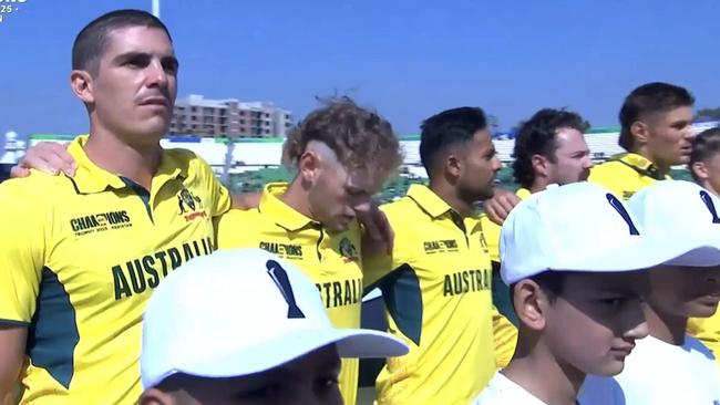 Australian players line up for the anthem. Photo: Prime Video.