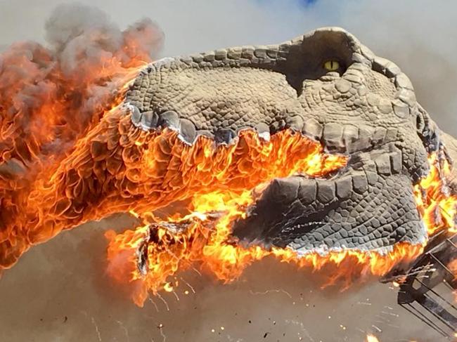 A giant T-Rex went up in flames at the Royal Gorge Dinosaur Experience. Photo Zach Reynolds/ Facebook