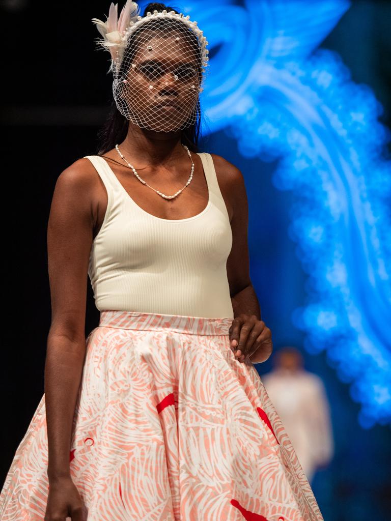 Hayley Mulardy at the 2024 Country to Couture at the Darwin Convention Centre showcases hand-designed First Nations fashion. Picture: Pema Tamang Pakhrin