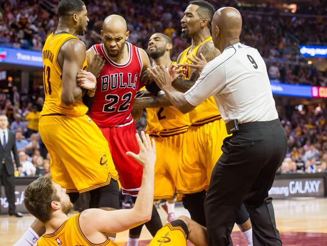 Matthew Dellavedova in the thick of the action during his time with Cleveland. Picture: Getty Images