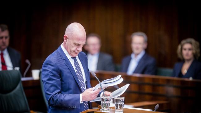 Premier Peter Gutwein delivers the budget speech in Parliament. Picture: RICHARD JUPE