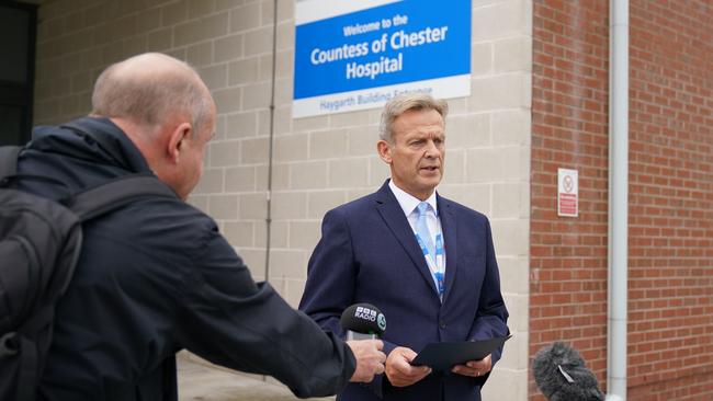 The medical director at Countess of Chester Hospital, Dr Nigel Scawn, reads a statement outside the hospital after Lucy Letby was found guilty. Picture: Getty Images.