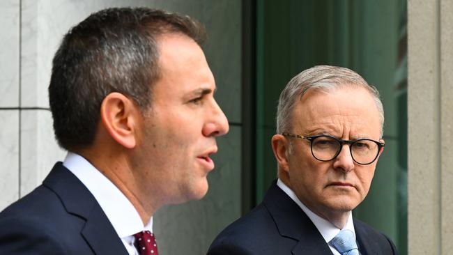 ‘Redistributive agenda’: Anthony Albanese listens to Treasurer Jim Chalmers at a press conference in Canberra last month. Picture: AAP