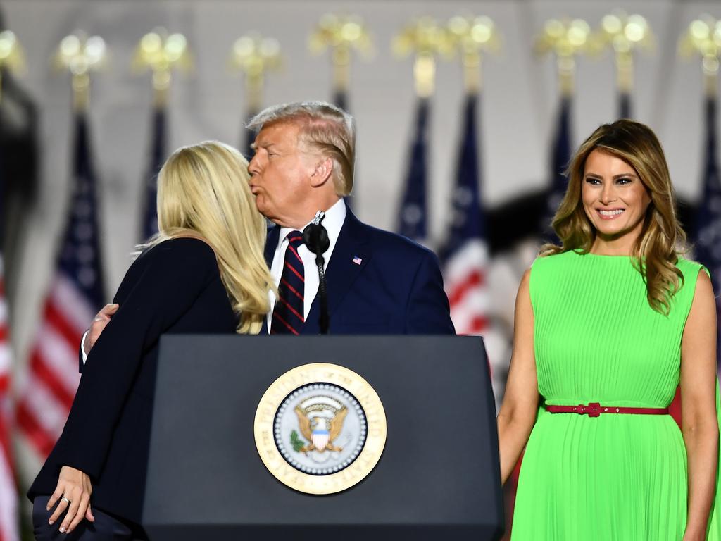 Ivanka Trump introduces her father US President Donald Trump and stepmother US First Lady Melania Trump to an audience in August last year. Picture: Brendan Smialowski/AFP