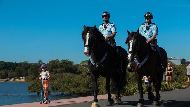 Mounted Police patrol the Bay Run in Drummoyne. Picture:Justin Lloyd