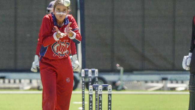 Women's Premier Cricket grand final: Essendon Maribyrnong Park v Melbourne.  Melbourne bowler Hasrat Gill. Picture: Valeriu Campan