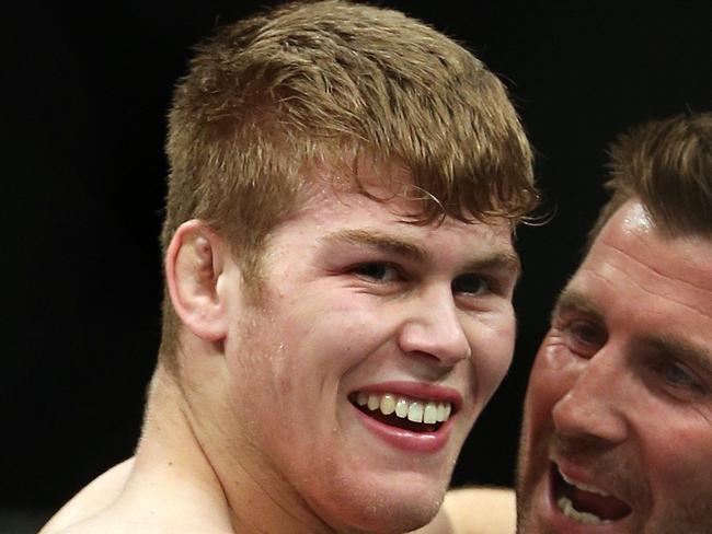 UFC Fight Night Sydney at All Phones Arena in Homebush. MMA sensation from Australia Jake Matthews defeats Vagner Rocha from USA via submission in the 2nd round. Jake celebrates after the victory.