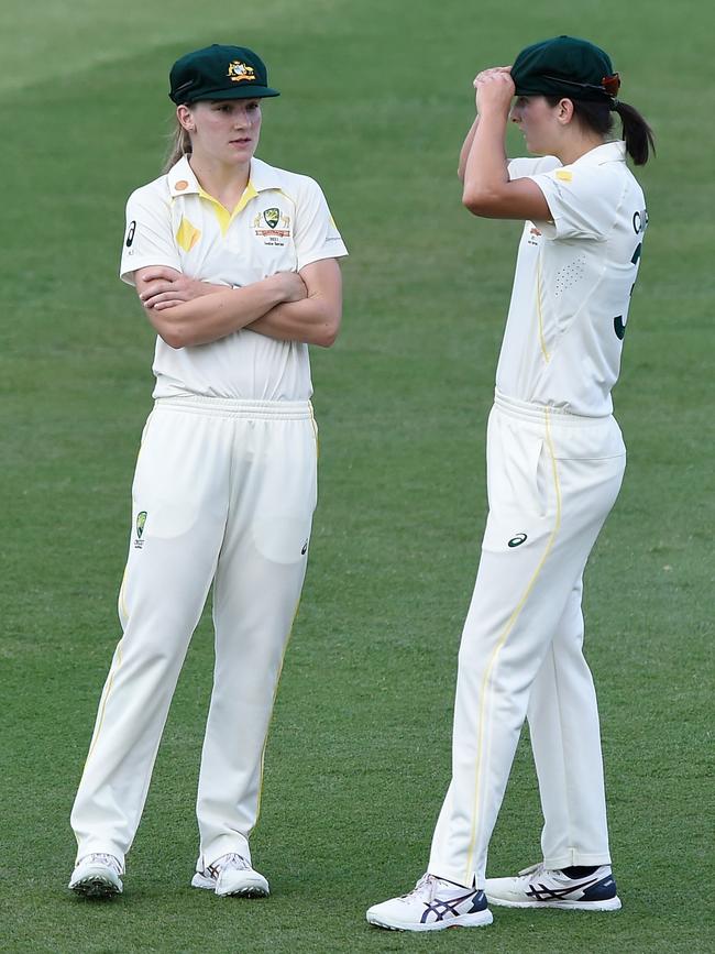 Annabel Sutherland speaks with Stella Campbell during day three of the Women's International Test match between Australia and India. Picture: Getty Images