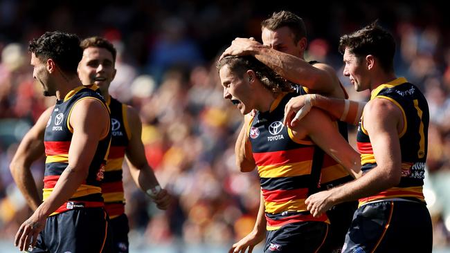 The Crows had plenty to celebrate on Sunday. (Photo by James Elsby/AFL Photos via Getty Images)