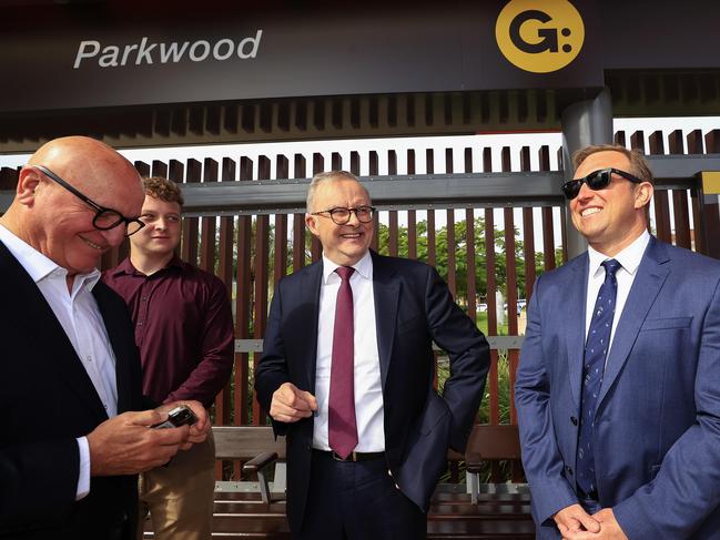 Premier Steven Miles and Prime Minister Anthony Albanese ride on the light rail on the Gold Coast on Monday. Picture: Adam Head.