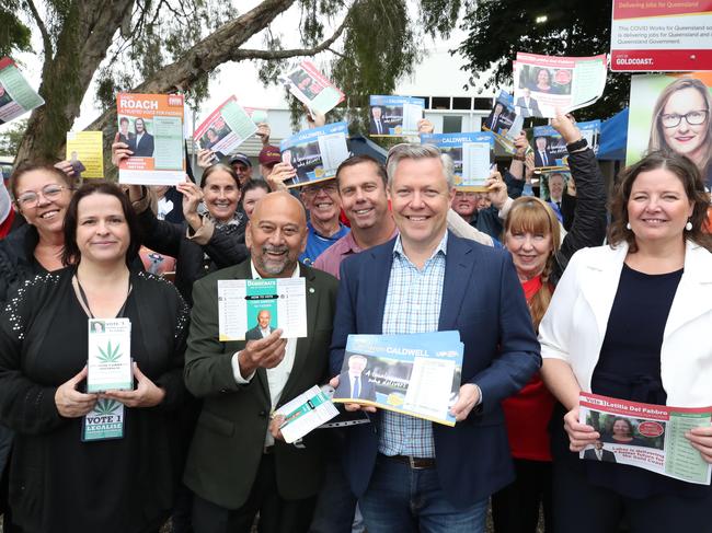 Thirteen candidates are contesting the by-election including (left to right) Independent Belinda Jones, Legalise Cannabis Australia’s Suzette Luyken, Australian Democrat Chris Simpson, Independent Stewart Brooker, the LNP’s Cameron Caldwell and Labor’s Letitia Del Fabbro. Picture: Glenn Hampson.