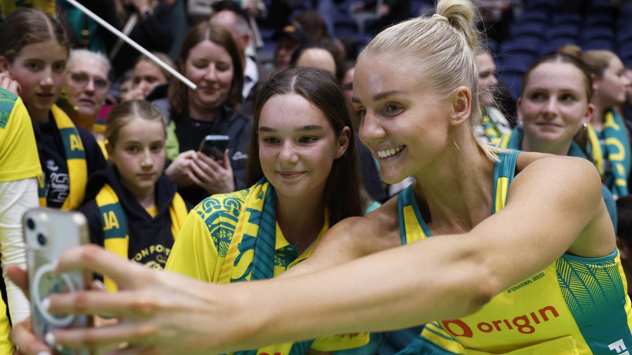 Rudi Ellis of Australia greets fans after game three of the international series between Australia Diamonds and England Roses. Photo: Getty Images