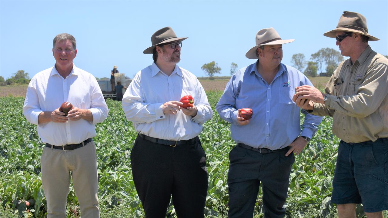 Bowen Pipeline Company chairman Brent Finlay, Dawson MP George Christensen, Whitsunday mayor Andrew Willcox, and Bowen Gumlu Growers Association president Carl Walker at Walker Farms on Tuesday. Picture: Kirra Grimes