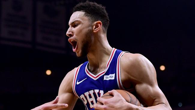 LOS ANGELES, CA - NOVEMBER 13: Ben Simmons #25 of the Philadelphia 76ers reacts to his rebound during a 109-105 win over the LA Clippers at Staples Center on November 13, 2017 in Los Angeles, California.   Harry How/Getty Images/AFP == FOR NEWSPAPERS, INTERNET, TELCOS & TELEVISION USE ONLY ==