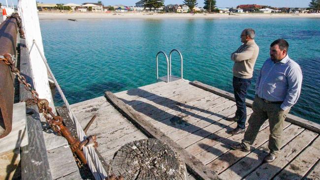 Infrastructure and Transport Minister Corey Wingard and Tumby Bay Mayor Sam Telfer at Tumby Bay Jetty. Picture: Supplied