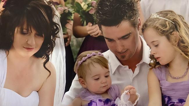 Tamara and Brendan Allender at their wedding with eldest daughters Brylie and Indiana. Picture: Supplied