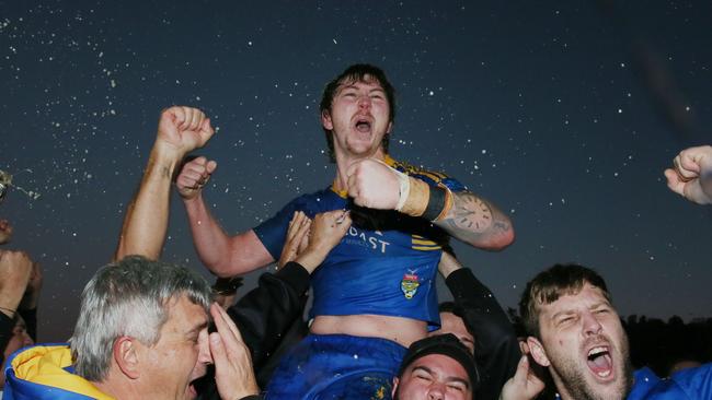 Jake Fitzpatrick celebrates Central Coast Rugby League First Grade Grand Final Hawks win over Erina Woy Woy Oval Sunday 20th August 2023.pic Sue Graham