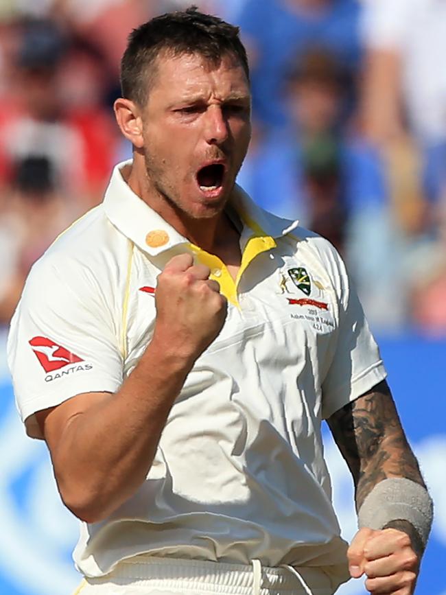 James Pattinson celebrates the wicket of England’s Joe Denly during the First Ashes Test at Edgbaston. Picture: AFP