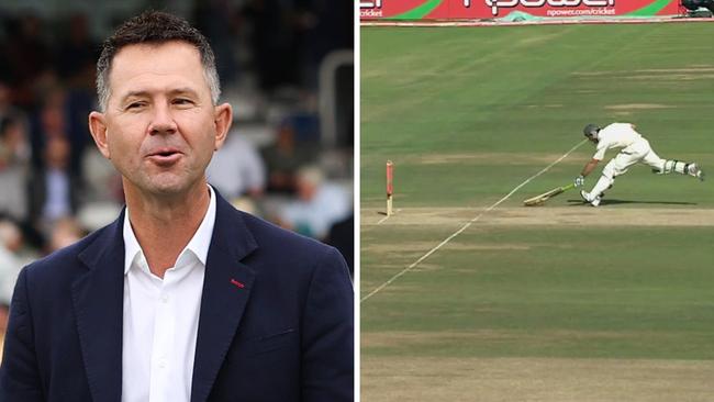 Ricky Ponting was caught short in 2009. Photo: Getty and 9Now.