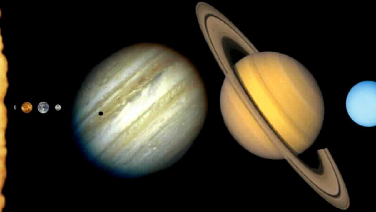 Comparison of the size of planets in our solar system, from the Sun on the left and then Mercury, Venus, Earth, Mars, Jupiter, Saturn, Uranus. Neptune and Pluto aren’t visible in this picture.