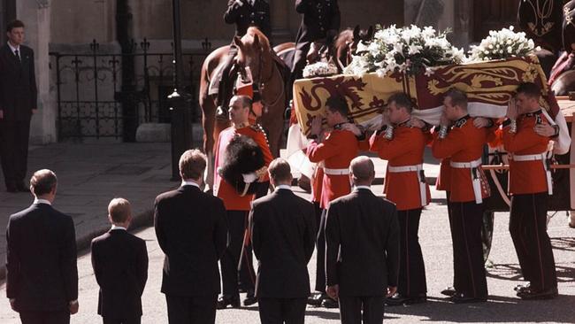 Harry, second from the left, followed his mother’s coffin into Westminster Abbey.