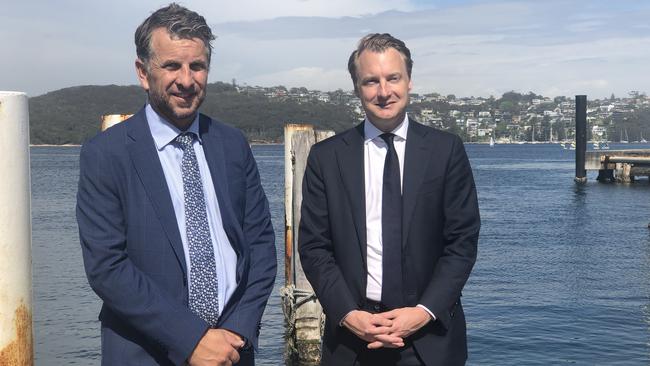 Minister for Transport Andrew Constance and Manly MP James Griffin at Manly Wharf today for the announcement of a $205 million package to boost ferry transport and infrastructure. Picture: Julie Cross