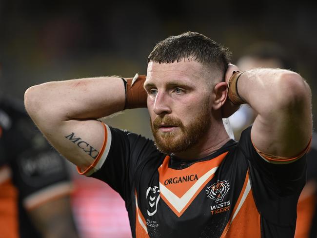 TOWNSVILLE, AUSTRALIA - JULY 24:  Jackson Hastings of the Tigers looks dejected after losing  the round 19 NRL match between the North Queensland Cowboys and the Wests Tigers at Qld Country Bank Stadium, on July 24, 2022, in Townsville, Australia. (Photo by Ian Hitchcock/Getty Images)