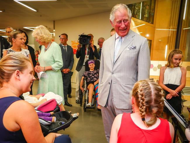 Prince Charles and Camilla, Duchess of Cornwall greet well wishers during their visit to Lady Cilento Children’s Hospital in Brisbane. Picture: Patrick Hamilton/AFP