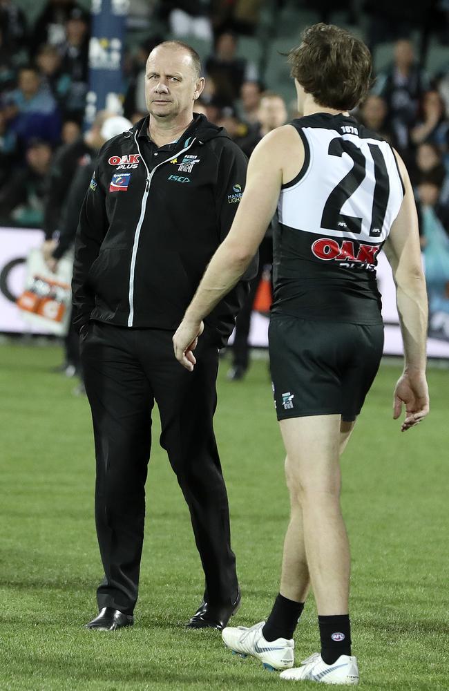 Port Adelaide coach Ken Hinkley with Jared Polec after the loss. Picture: Sarah Reed