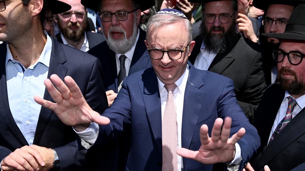 Prime Minister Anthony Albanese leaves after visiting the Adass Israel Synagogue after a firebombing in Melbourne on Tuesday. Picture: Joel Carrett