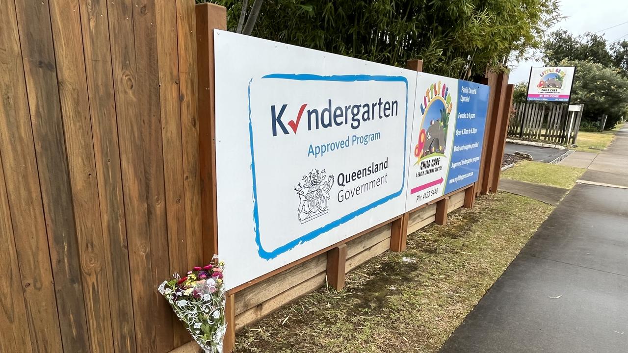 A bouquet of flowers was left outside the Little Gems Childcare and Early Learning Centre in Maryborough after the death of a toddler on Wednesday.