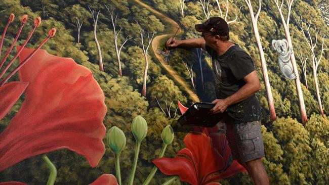 Andrew Grassi adds some final details to his new mural in Tewantin.