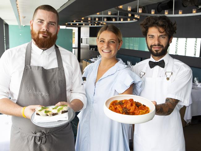 Bondi’ Icebergs head chef Alex Pritchard with waiters Chiara Menin and Simone Fiorentin.