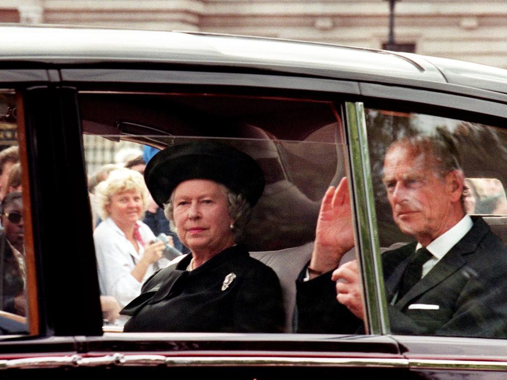 Queen Elizabeth II and her husband Prince Philip on arrival at Diana’s funeral. Picture: AFP