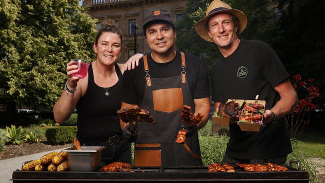 Madi Peattie of Peattie Events organiser of Flamin' Franko with Leon Graham of Sticks n Grill and Pete Roberts of Filipino Street Food.  Flamin' Franko is a new barbeque festival to be held in Hobart.  Picture: Nikki Davis-Jones